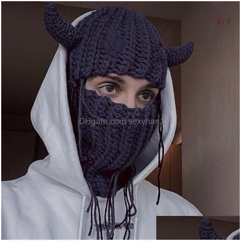 beanie/skull caps horn devil hat women autumn and winter knitted colorful picture props y2k-girl hat with clogheted angel horn 230915