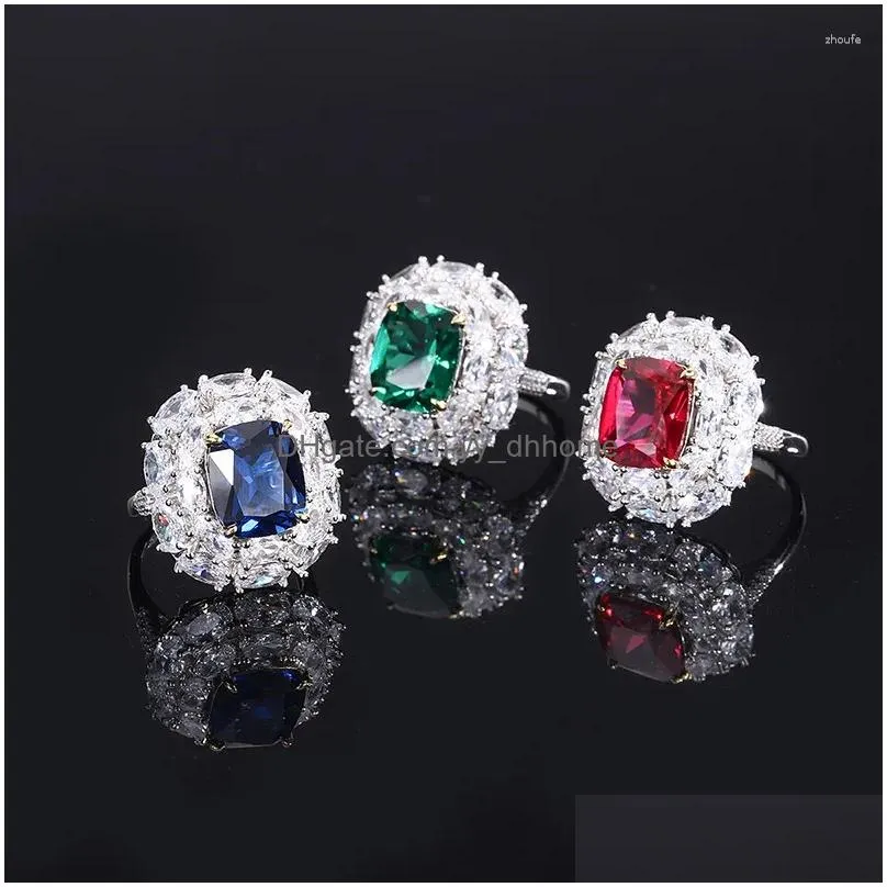 cluster rings 2024 luxurious retro s925 sterling silver emerald sapphire ruby gemstone high carbon diamond ring women jewelry 10 12mm