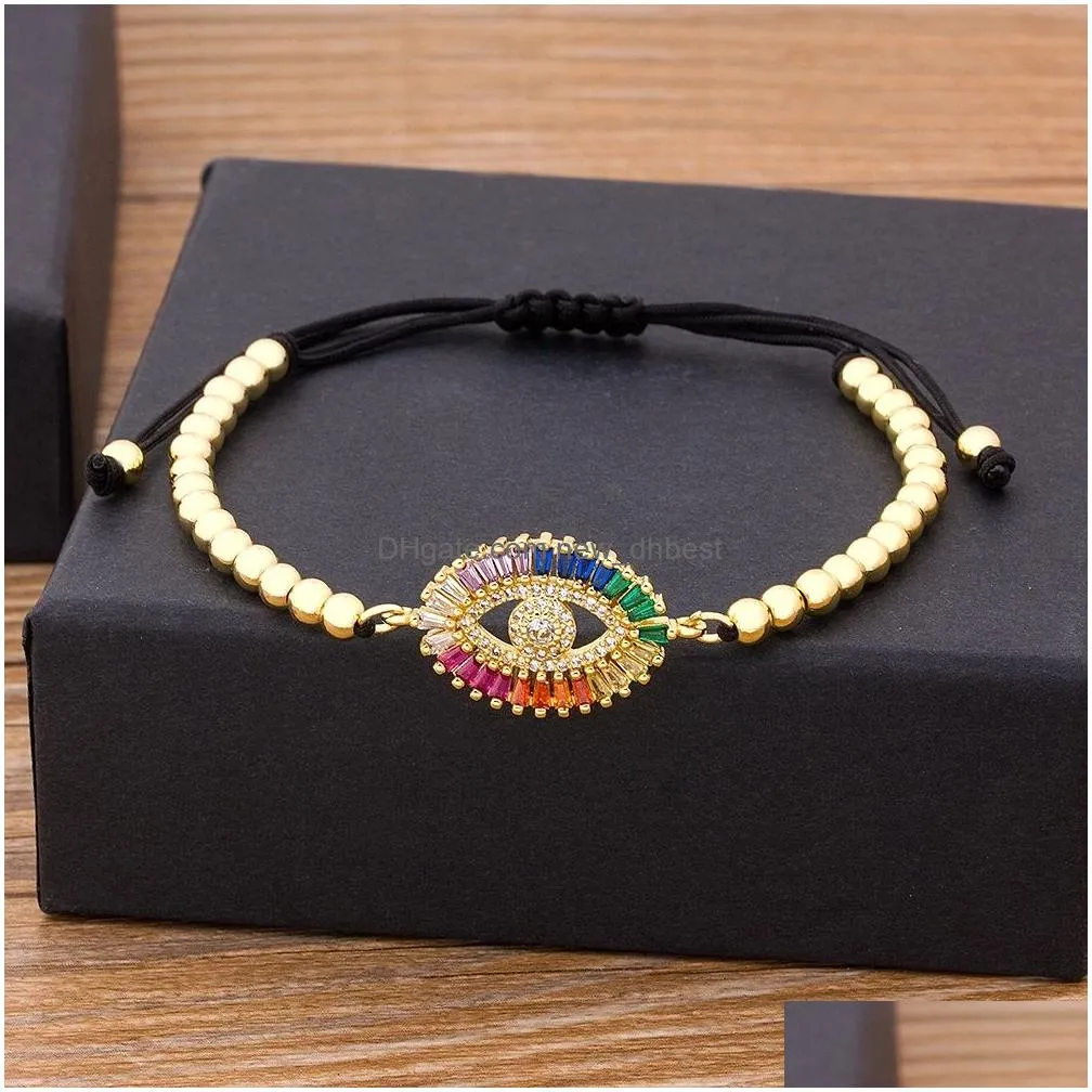 Chain Hamsa Hand Evil Eye 14K Yellow Gold Cz Beads Adjustable Bracelet Lucky Turkish Braided Rope 5 Styles For Women Men Drop Deliver Dhptn