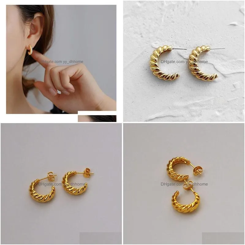 hoop huggie minimalist metallic twisted earring gold alloy twist geometric c-shape open temperament for women statement jewelry