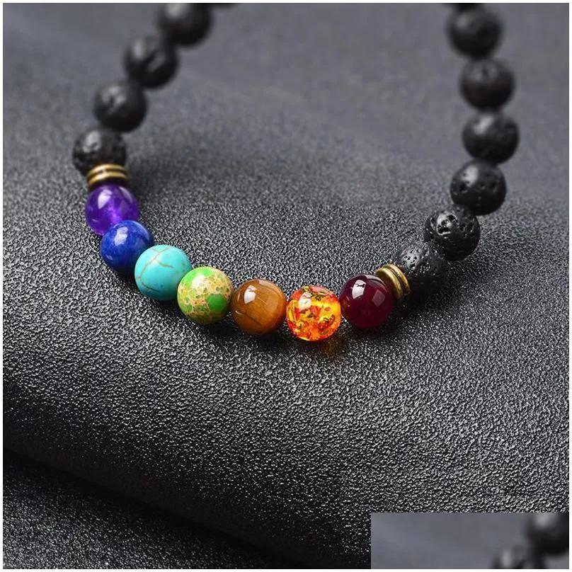 new black lava natural stone bracelets 7 reiki chakra healing balance beads bracelet for men women stretch yoga jewelry