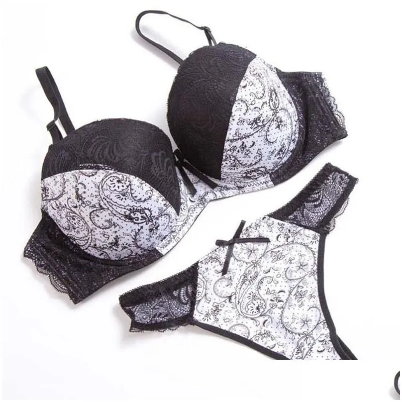 yoga outfit women sexy thong lace patchwork push up bra set adjustable black white brief sets lingerie comfortable underwear