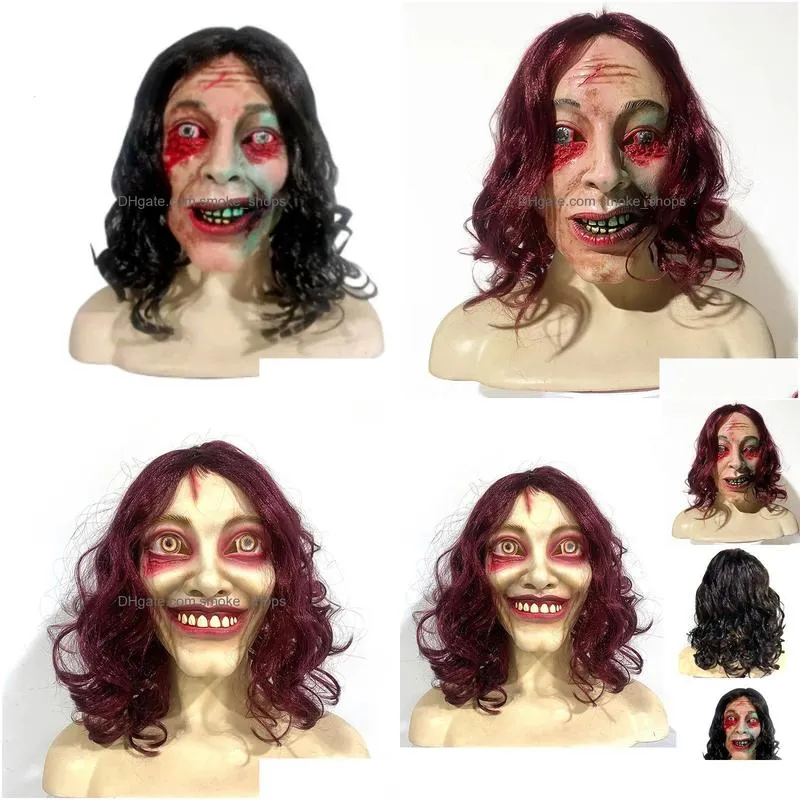 party masks halloween cosplay latex mask women men horrible ghost full face mask with long hair party costume 230824
