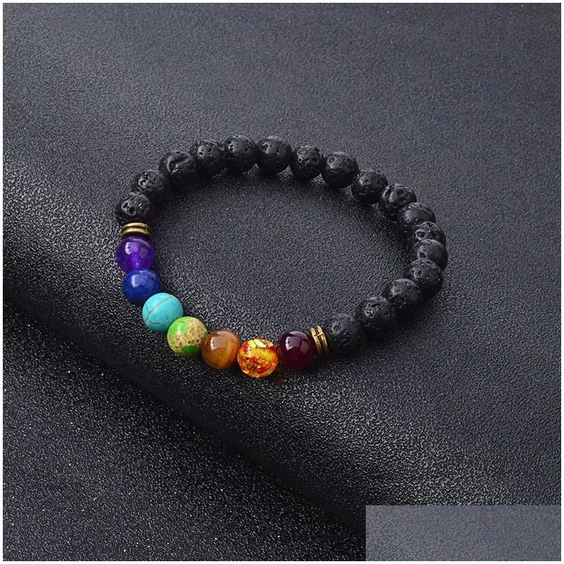 new black lava natural stone bracelets 7 reiki chakra healing balance beads bracelet for men women stretch yoga jewelry