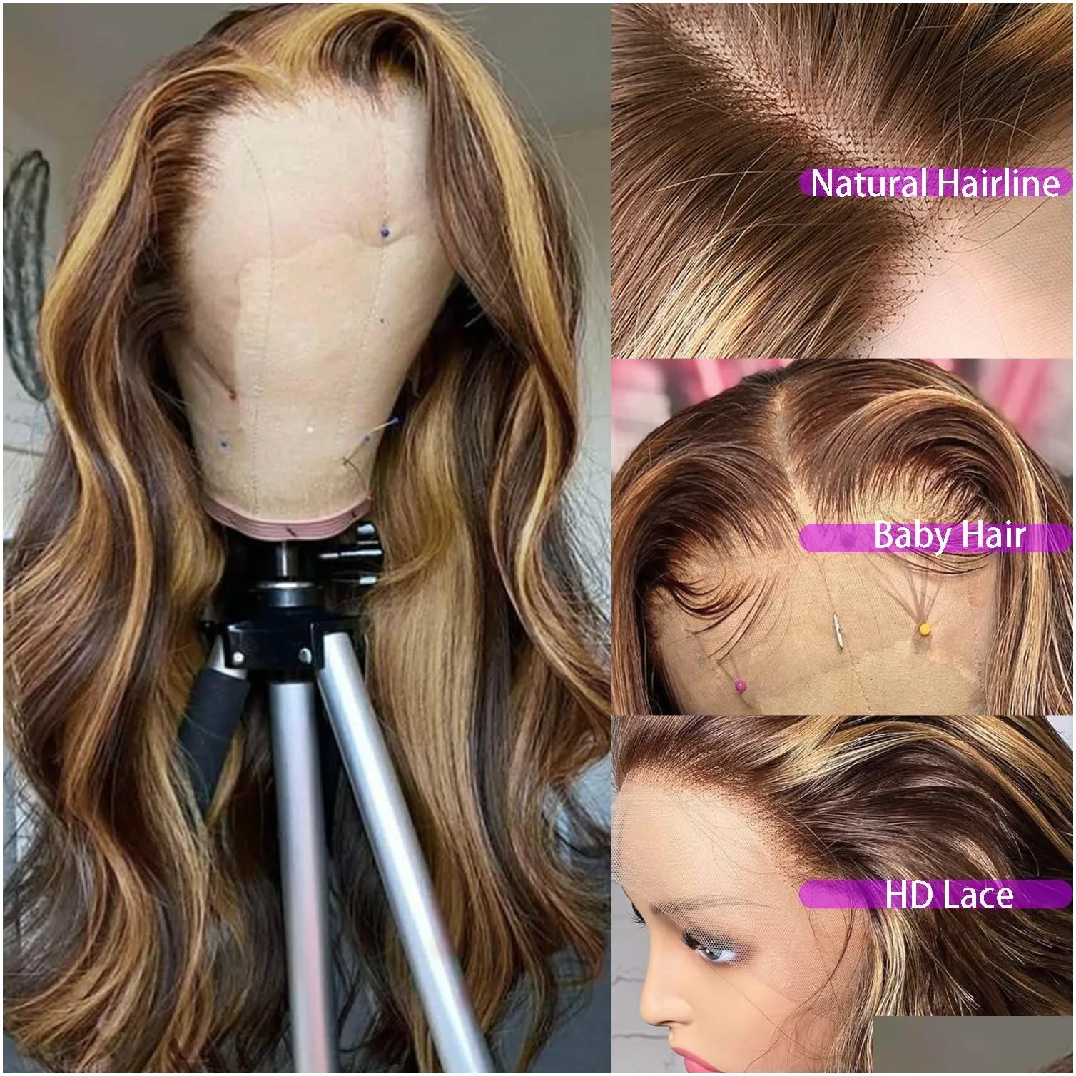 ombre blonde body wave lace front wig 180%density hd highlight wig human hair brazilian glueless wig 360 full lace frontal wigs for