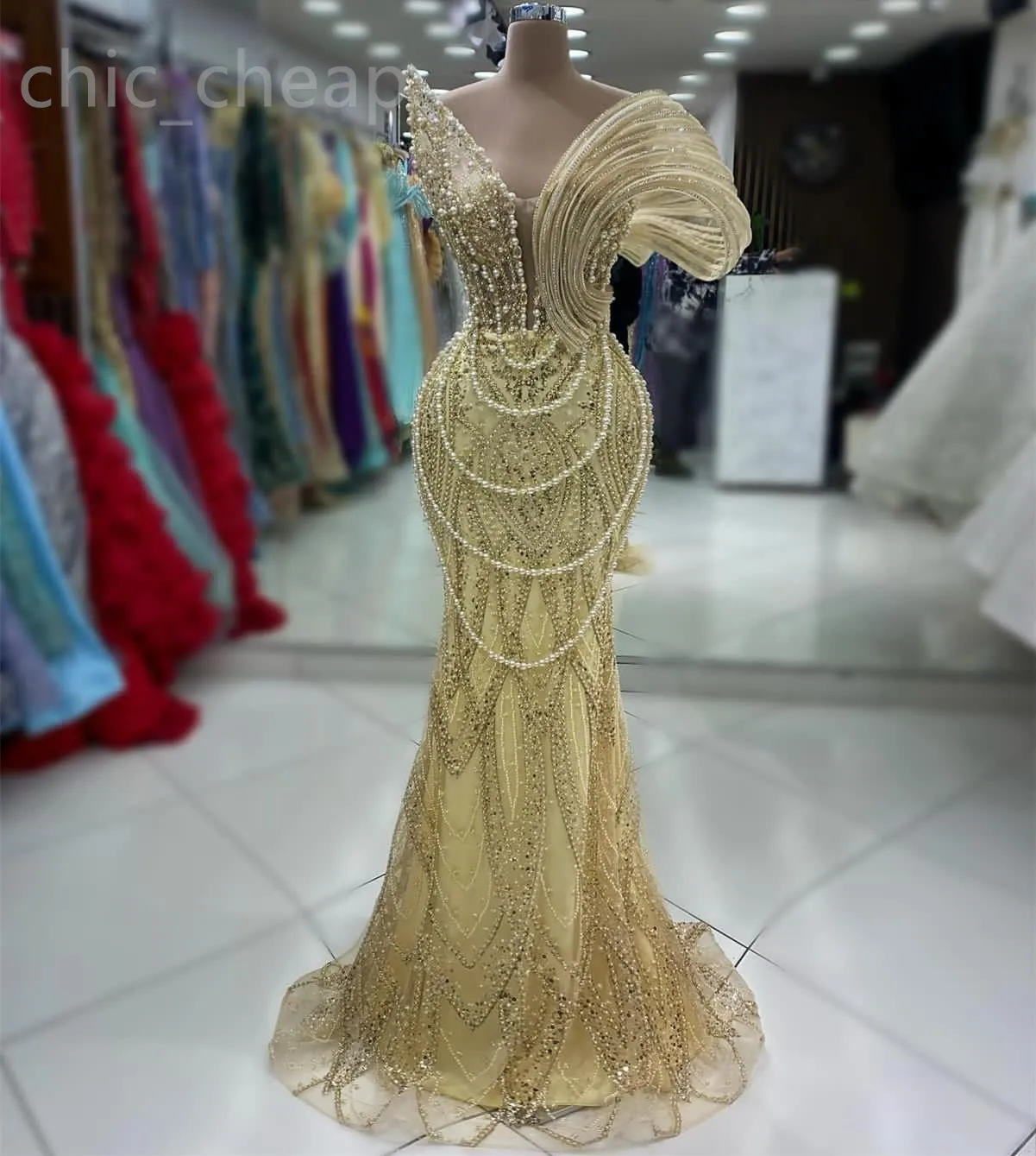 2024 Aso Ebi Gold Mermaid Prom Dress Pearls Sequined Lace Evening Formal Party Second Reception Birthday Engagement Gowns Dresses Robe De Soiree ZJ81