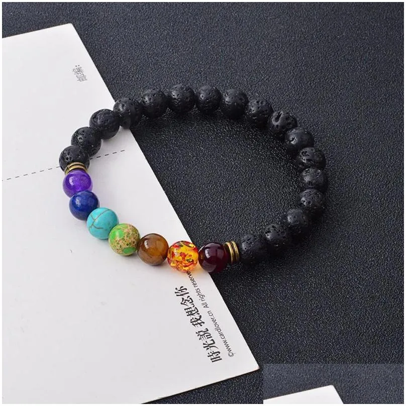 new black lava natural stone bracelets 7 reiki chakra healing balance beads bracelet for men women stretch yoga jewelry