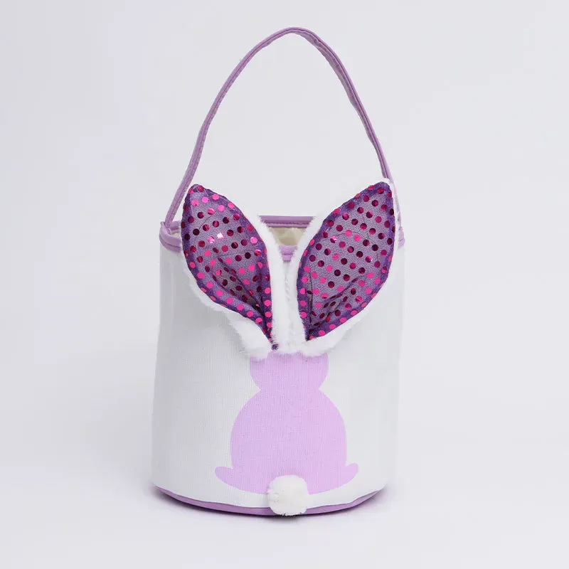 LED Flashing Light Sequin Bunny Easter Basket Handbag Bags Rabbit Egg Basket Hunt Bags Canvas Cotton Bucket Tote With Fluffy Tail For Kids Party Decoration & Daily Use