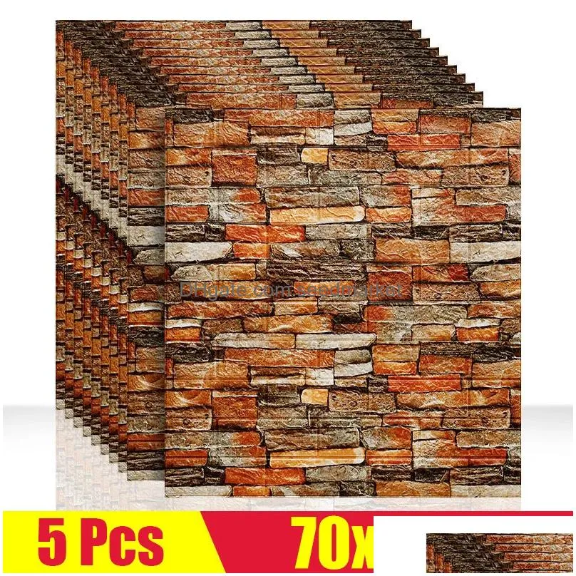 Wall Stickers 5Pcs 3D Brick Sticker Retro Stone Pattern Self-Adhesive Anti-Collision Peel And Stick Wallpaper Foam Panel Diy Drop Del Dhfrg