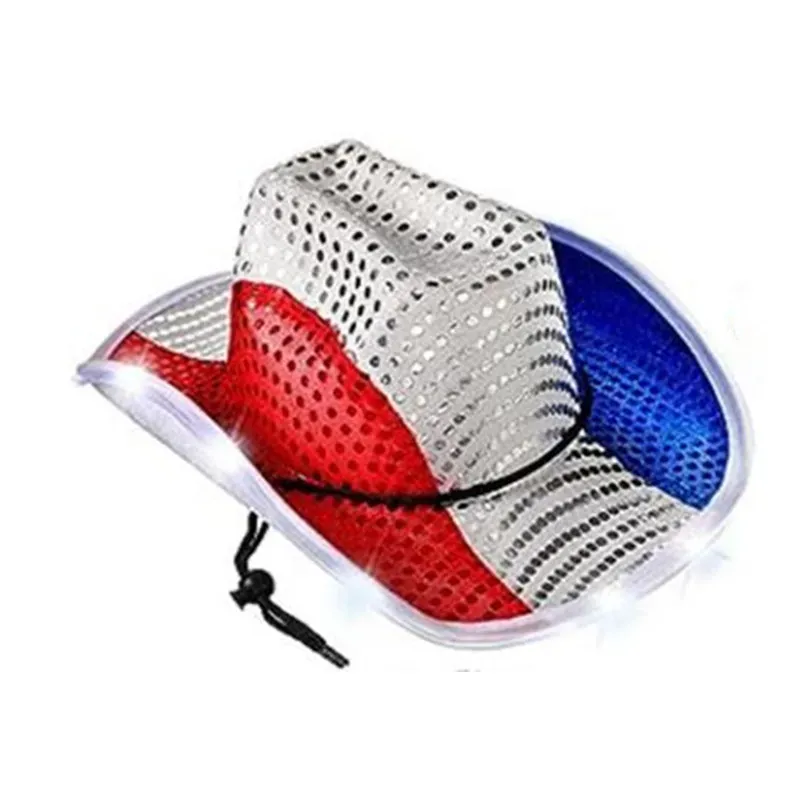 Red White and Blue USA Patriotic Light Up Hats LED Flashing Luminous American Sequin Cowgirl Hat For Western Independence Day Party Supplies