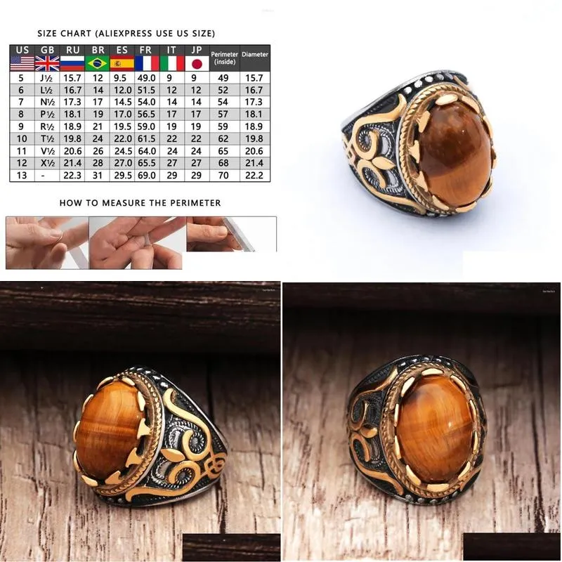 Cluster Rings Vintage Court Style Tiger Eye Ring Oval Biker Stainless Steel Punk Man With Brown Stone Fashion Jewelry Gifts Drop Drop Dhzwl