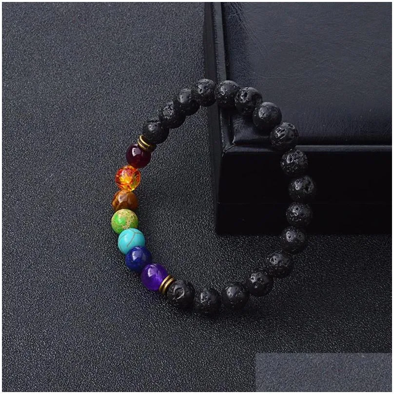 new black lava natural stone bracelets 7 reiki chakra healing balance beads bracelet for men women stretch yoga jewelry