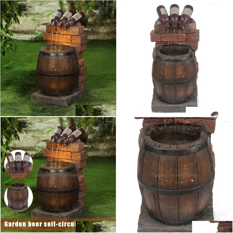 Garden Decorations Resin Wine Bottle And Barrel Outdoor Water Fountain Scpture Rustic Yard Waterfall Decoration Drop Delivery Dhv1S