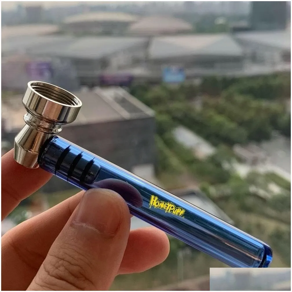 glass smoke pipe with clear handle 93mm with metal bowl mini style glass hand spoon pipes tobacco pipe dab tool accessories