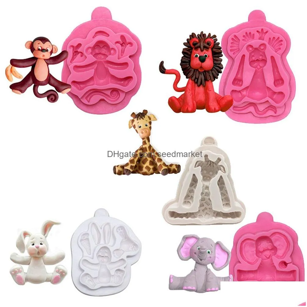 Baking Moulds Mods 3D Animal Form  Giraffe Rabbit Elephant Monkey Fondant Sile Molds Chocolate Kitchen Cake Lace Decorating Tools Dht6S