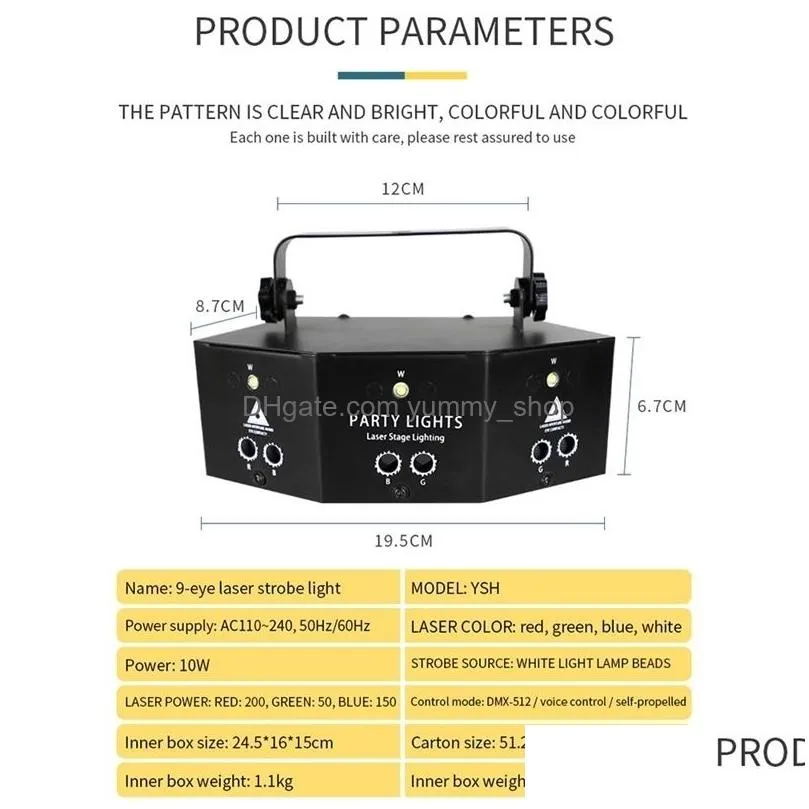 9-eye rgb disco dj lamp dmx remote control strobe stage light halloween christmas bar party led laser projector home decor y201015295n