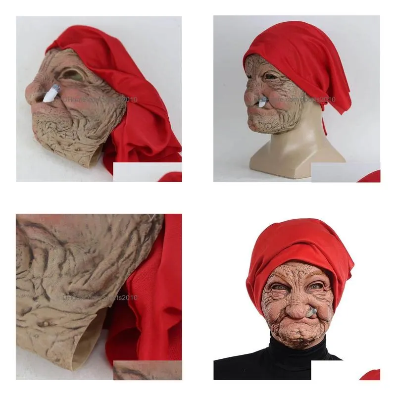 Party Masks Smoke Grandma Realistic Old Women Face Mask Halloween Horrible Latex Scary Fl Head Py Wrinkle Cosplay Drop Delivery Home G Dhbwr