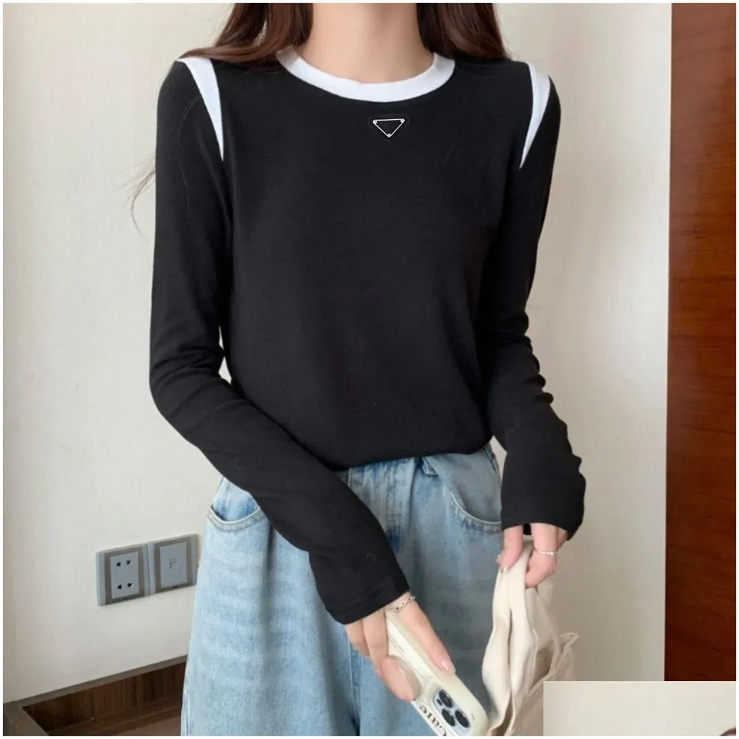 original fashion designer women`s long sleeve t-shirt 2023 spring fall/winter solid color round neck bottoming shirt slim fit long sleeve