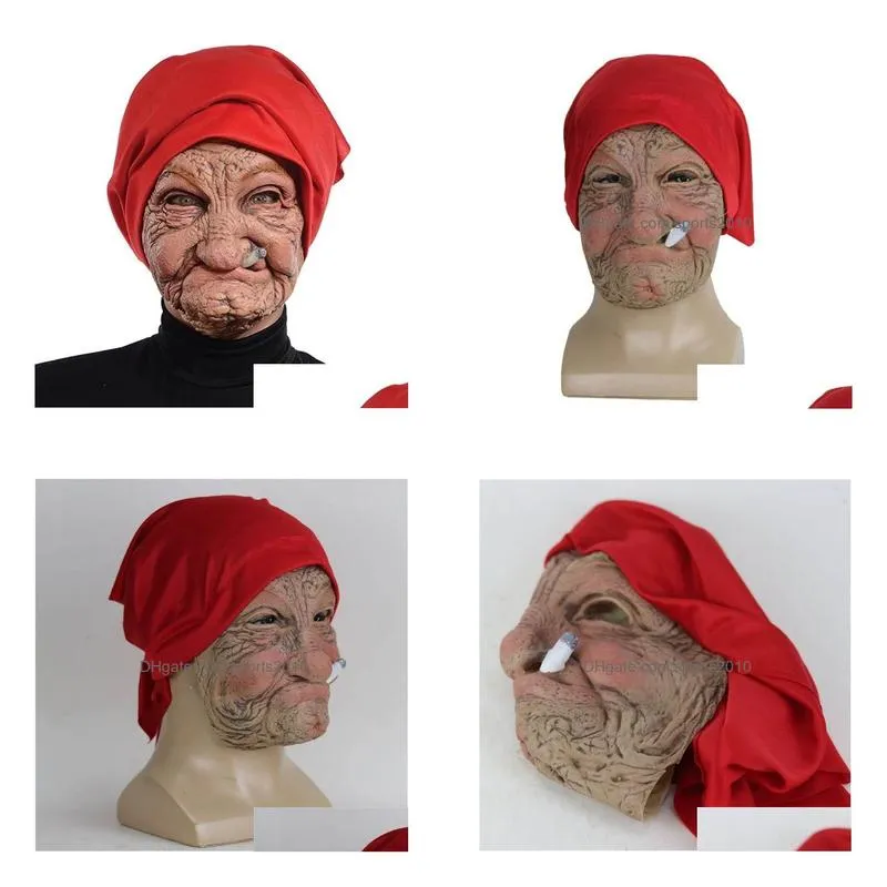 Party Masks Smoke Grandma Realistic Old Women Face Mask Halloween Horrible Latex Scary Fl Head Py Wrinkle Cosplay Drop Delivery Home G Dhbwr