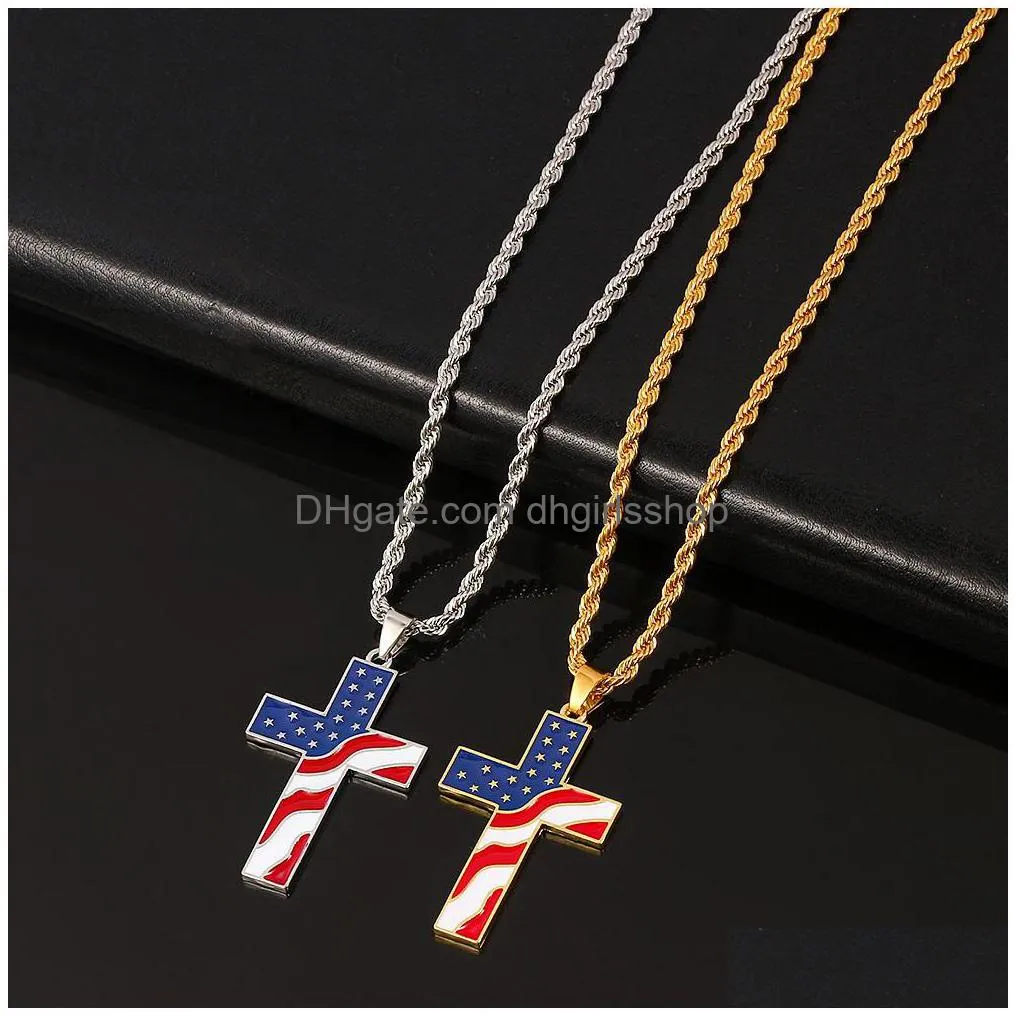 Pendant Necklaces American Stars And Stripes Cross Pendant Necklaces Stainless Steel Us Flag Necklace Fashion Jewelry Accessories With Dhhef