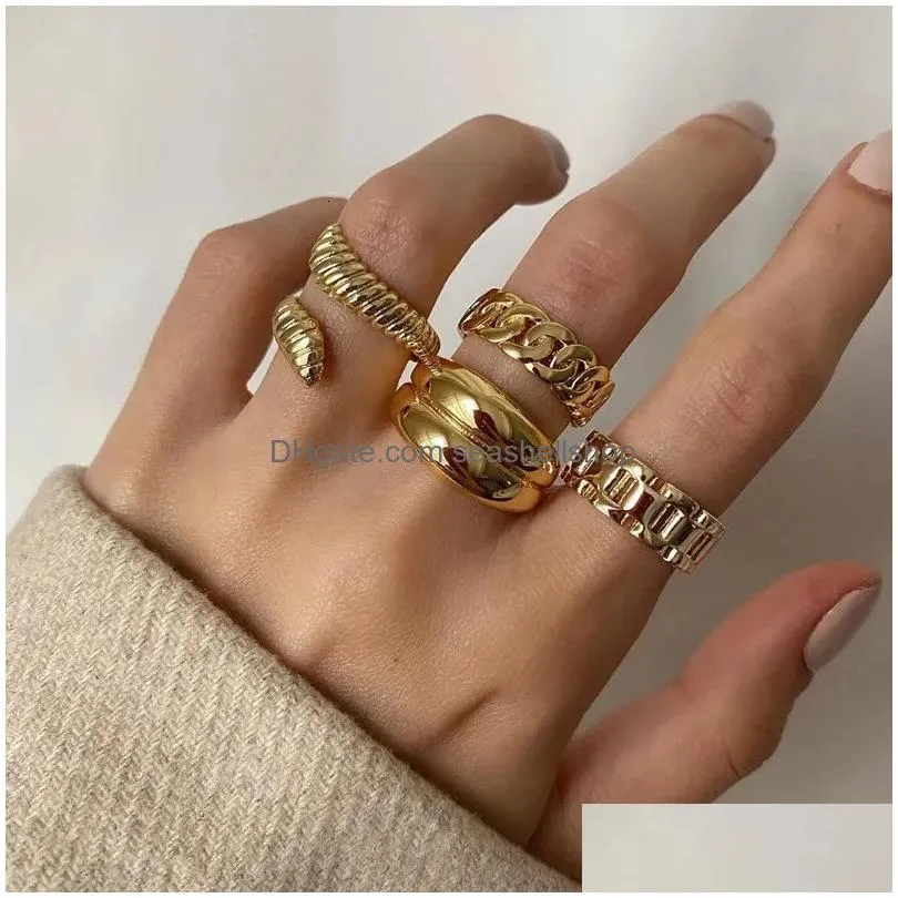 Solitaire Ring 4Pcs Set Punk Metal Anillos Round Rings Gold Color Open For Women Fashion Finger Accessories Jewelry 231012 Drop Deliv Dhctw