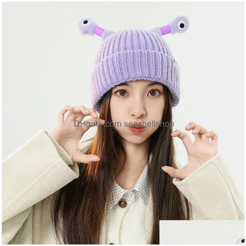 Beanie/Skull Caps Beanie Skl Caps Cute Cartoon Quirky Light Emitting Tentacle Knitted Hat Parent Child Models Warm Wool Cap Eyes Monst Dhlsx