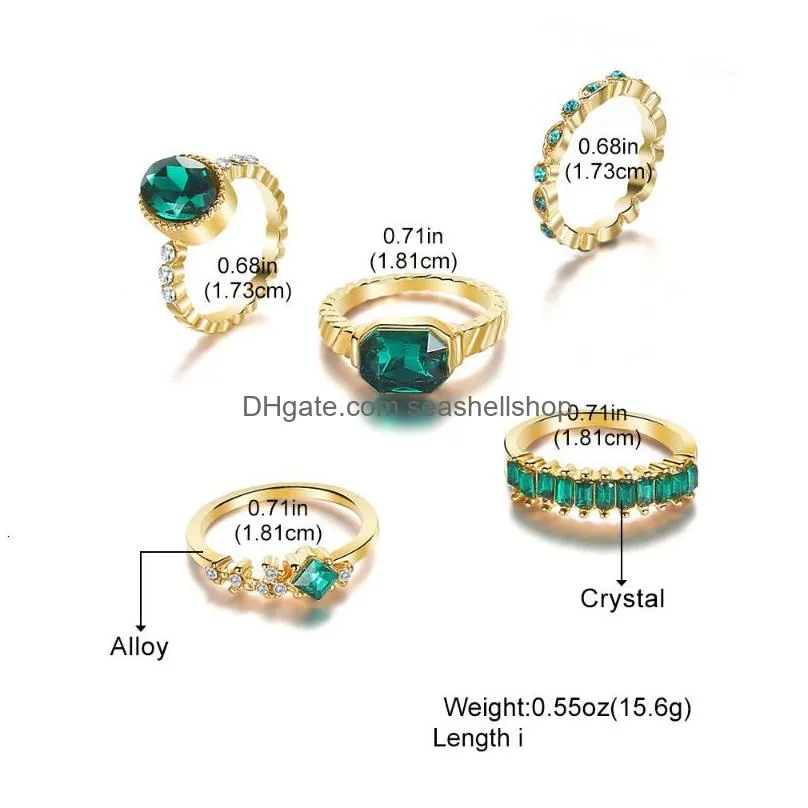 Band Rings 1Sets Green Crystal Set For Women Gold Plated Vintage Aesthetic Geometric Luxury Lady Jewelry Gifts 2023 Fashion 230410 Dr Dha4X