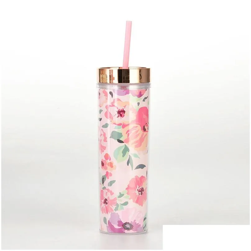 wholesale 16oz straight double layer plastic transparent tumbler with colorful straw water cup coffee cup express