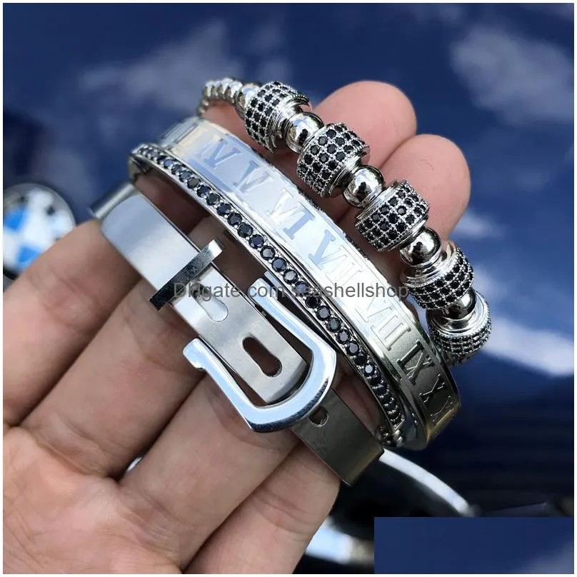 Charm Bracelets 4Pcs/Set Men Steel Roman Numeral Bracelet Horseshoe Buckle Bangles Pseira Bileklik Luxury Handmade Jewelry T191230 Dr Dhxhv