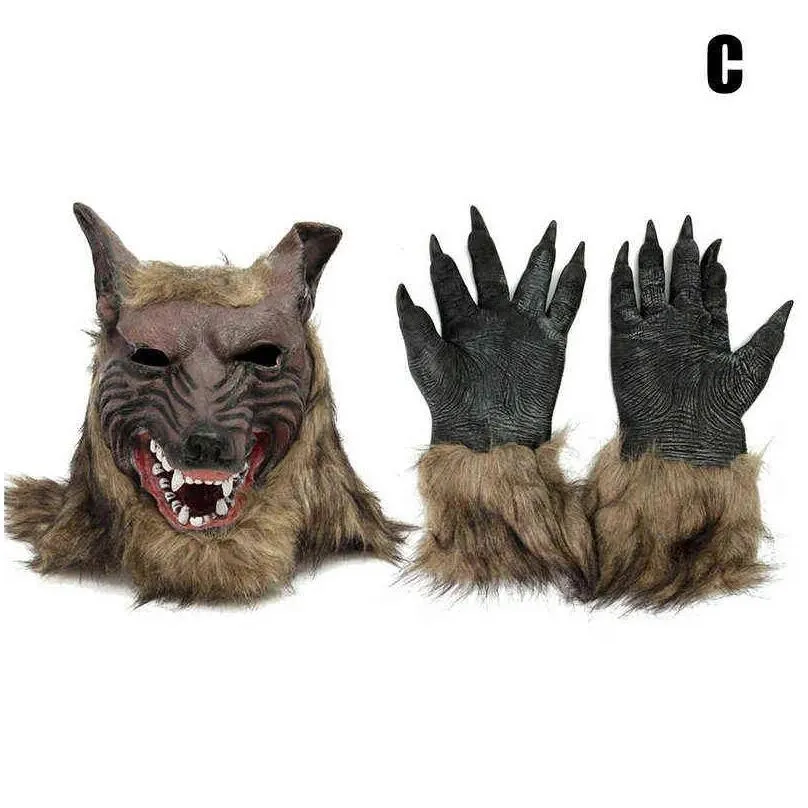 halloween latex rubber wolf head hair mask werewolf gloves costume party scary decor y220805