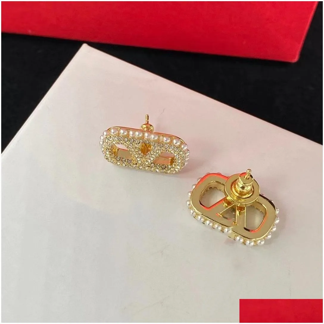earrings designer for women stud luxury gold heart shape pearl crystal gold double v letter 925s silver jewelry classic 77