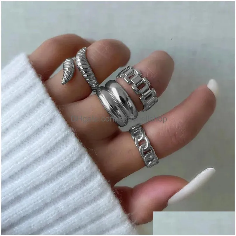 Solitaire Ring 4Pcs Set Punk Metal Anillos Round Rings Gold Color Open For Women Fashion Finger Accessories Jewelry 231012 Drop Deliv Dhctw