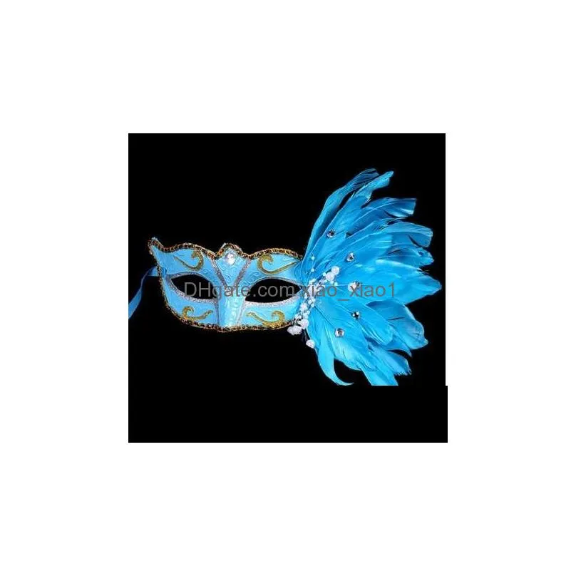 venetian masquerade mask on stick mardi gras costume eyemask printing halloween carnival hand held stick feathers party mask267x