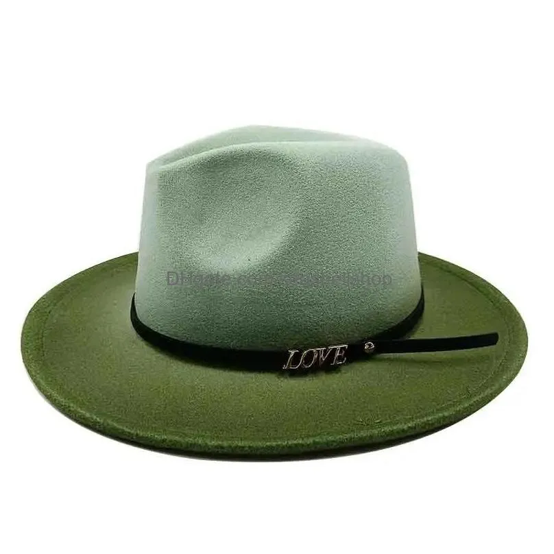 Wide Brim Hats Bucket Gradient Fedoras Hat Women Men Love Belt Uni High Quality Fashion Church Panama Woolen Jazz Cap 231101 Drop Del Dhr6K