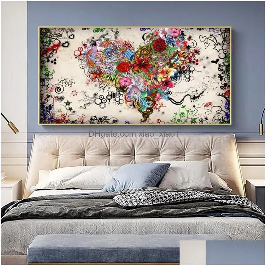 ddhh wall art picture canvas print love painting abstract colorful heart flowers posters prints for living room home no frame12230