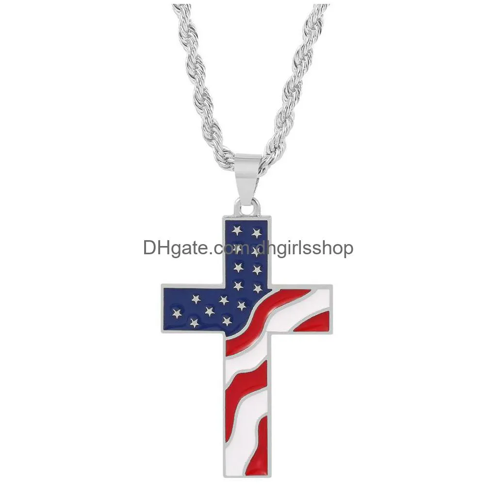 Pendant Necklaces American Stars And Stripes Cross Pendant Necklaces Stainless Steel Us Flag Necklace Fashion Jewelry Accessories With Dhhef