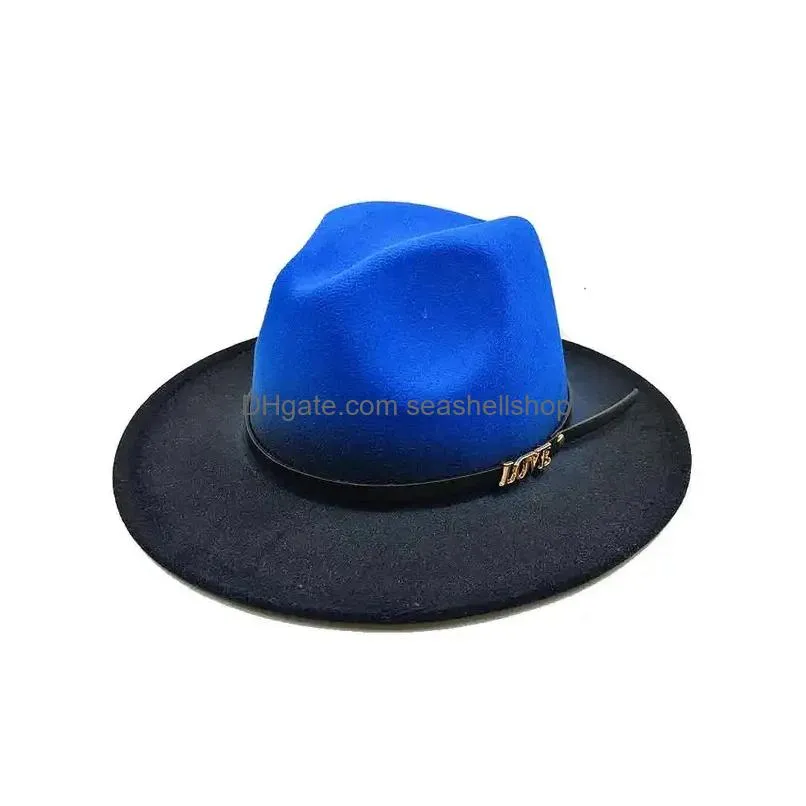 Wide Brim Hats Bucket Gradient Fedoras Hat Women Men Love Belt Uni High Quality Fashion Church Panama Woolen Jazz Cap 231101 Drop Del Dhr6K