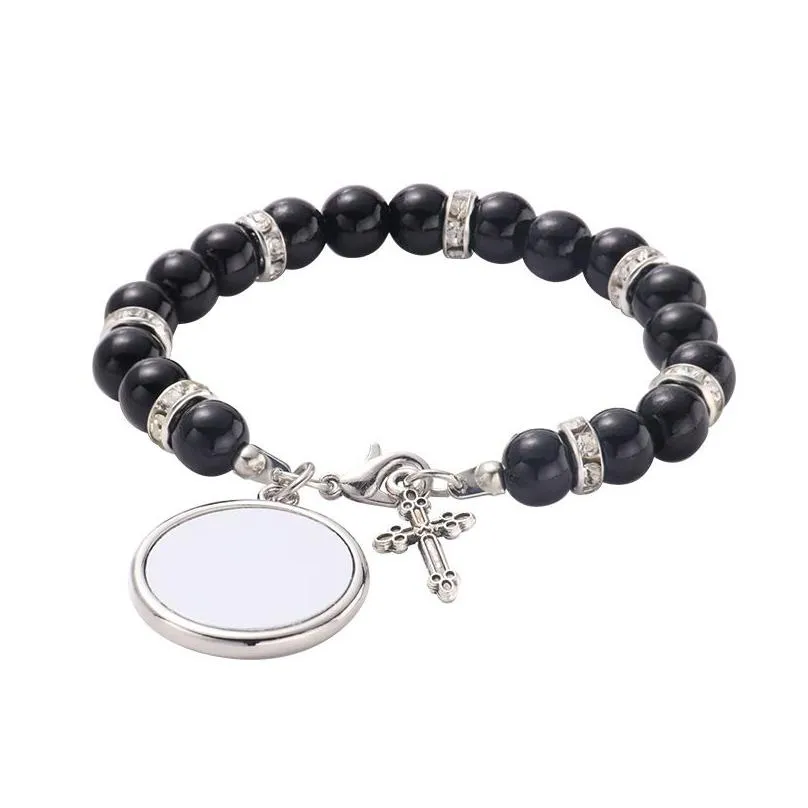 wholesale 4 colors sublimation bracelet heat transfer pendant rosary bead bracelet cross jesus metal pendants dhs