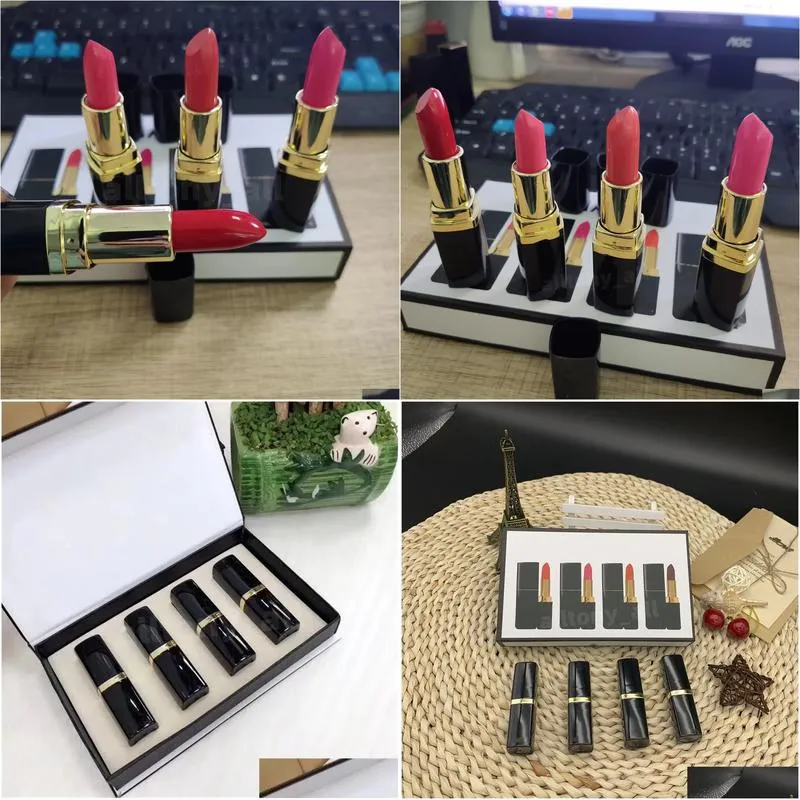 brand matte lipstick 4-color black bucket waterproof lasting velvet makeup lipstick set