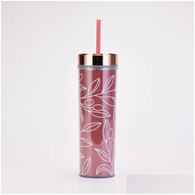 wholesale 16oz straight double layer plastic transparent tumbler with colorful straw water cup coffee cup express