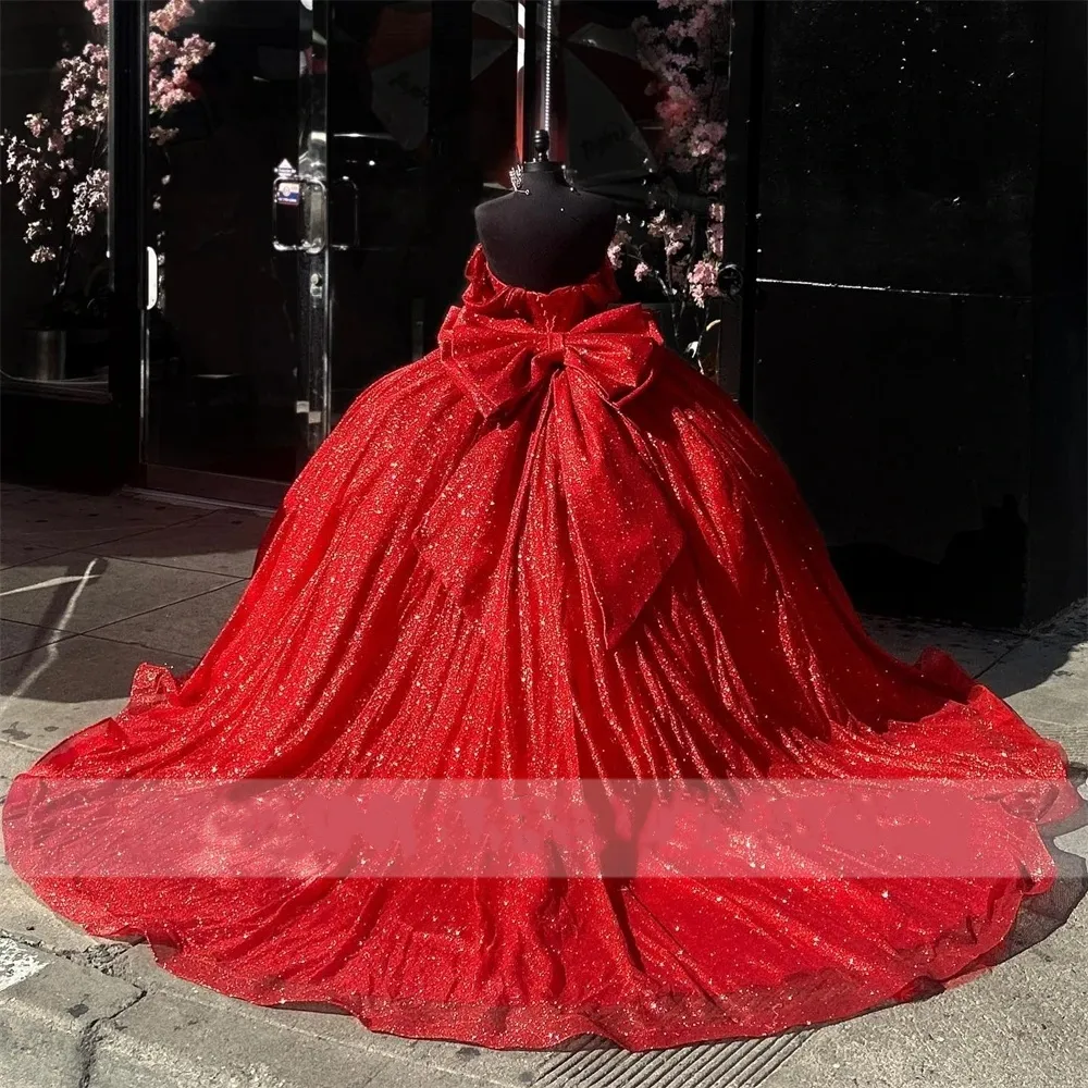 Mexico Red Off The Shoulder Ball Gown Quinceanera Dress For Girls Ball Beaded Crystal Birthday Party Gowns Bow Robe De Bal