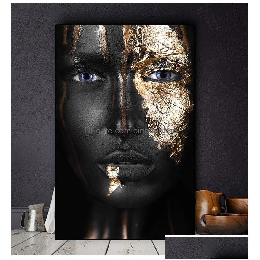 Paintings Wall Canvas Paintings And Prints Scandinavian Arts Picture For Living Room African Art Black Gold Woman Oil Painting On Cuad Dhxip