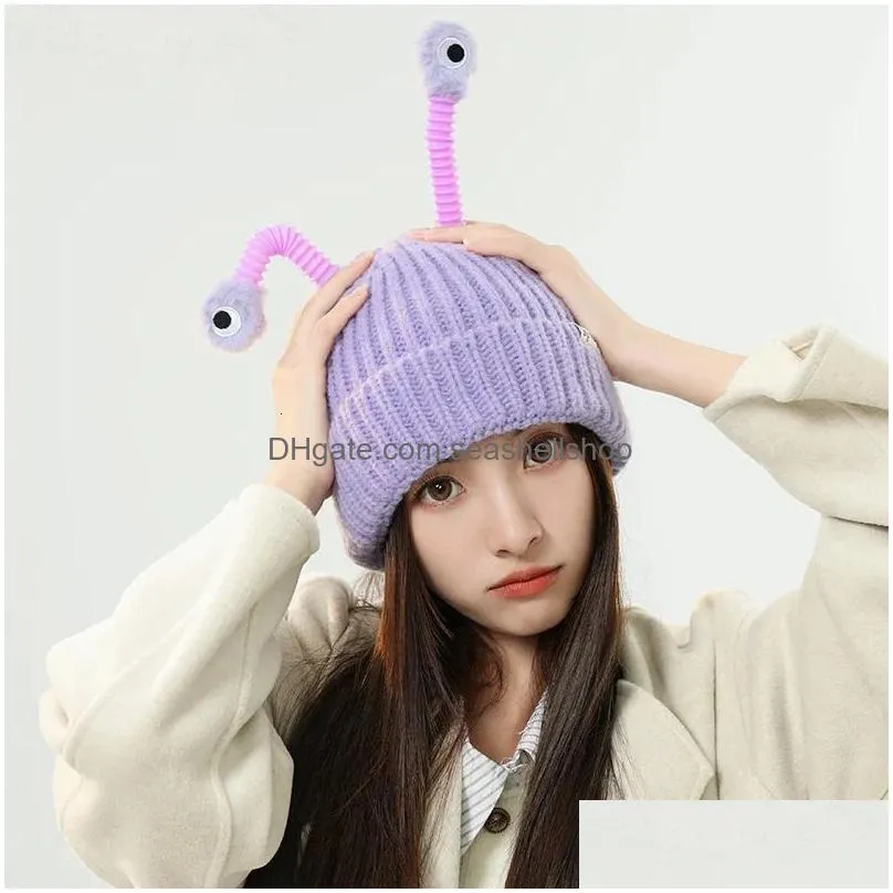 Beanie/Skull Caps Beanie Skl Caps Cute Cartoon Quirky Light Emitting Tentacle Knitted Hat Parent Child Models Warm Wool Cap Eyes Monst Dhlsx