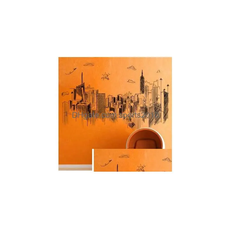 Wall Stickers Shijuehezi Black Color Tall Buildings Wall Stickers Pvc Material Diy Sketch Mural Art For Living Room Office Decoration Dhe2X