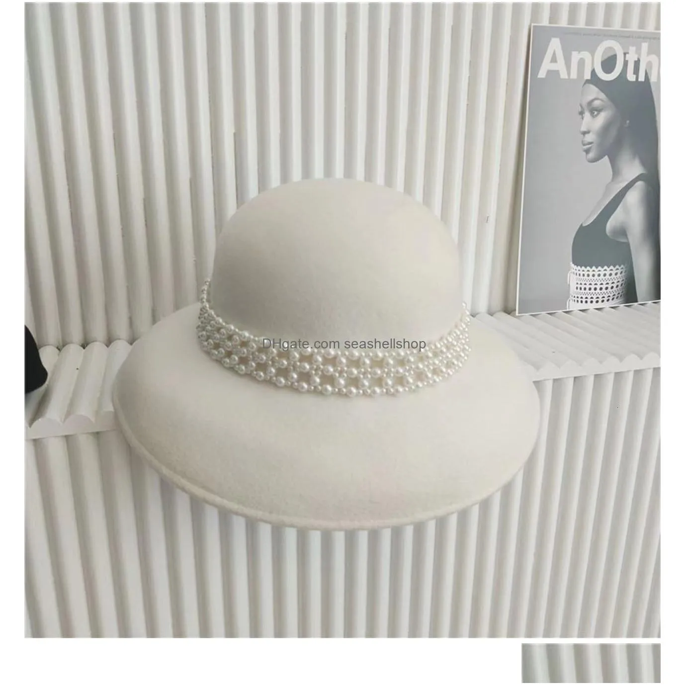 Wide Brim Hats Bucket Autumn Winter 100 Wool Hat Bell Women S French Elegant Retro Hepburn And Celebrity Pearl Felt 230629 Drop Deliv Dhrmf