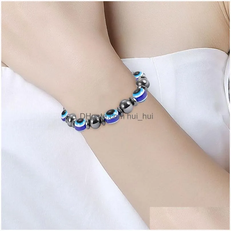 2018 energy magnetic hematite blue evil eye bracelet women power healthy black gallstone beaded chains bangle for men s fashion