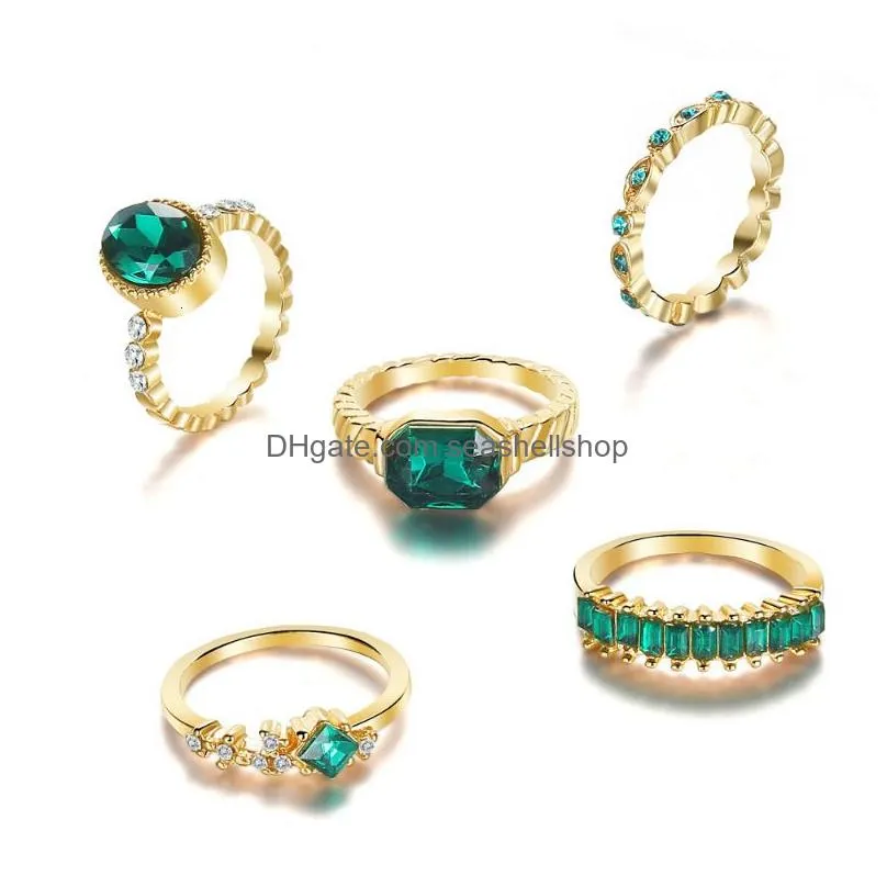 Band Rings 1Sets Green Crystal Set For Women Gold Plated Vintage Aesthetic Geometric Luxury Lady Jewelry Gifts 2023 Fashion 230410 Dr Dha4X