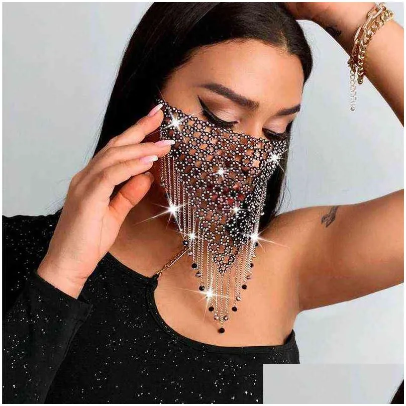 2020 arrival crystal masquerade mask women party jewelry fishing net metal rhinestone tassel decor face mask y220805