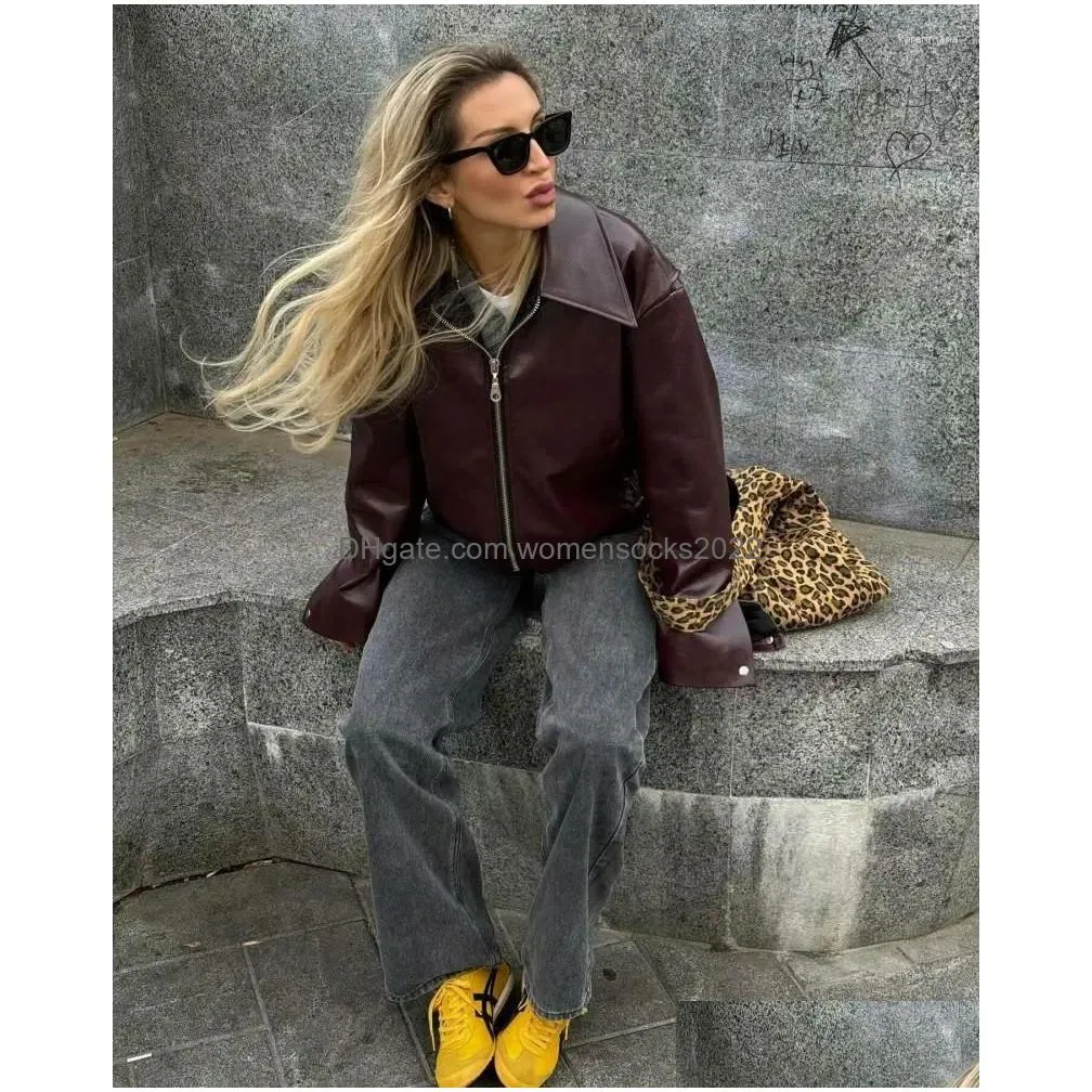 Womens Jackets Woman Claret Lapel Leather Jacket Zipper Retro Loose Casual Long Sleeve Coat 2024 Motorcycle Tops Drop Delivery Appar Dh1Pe