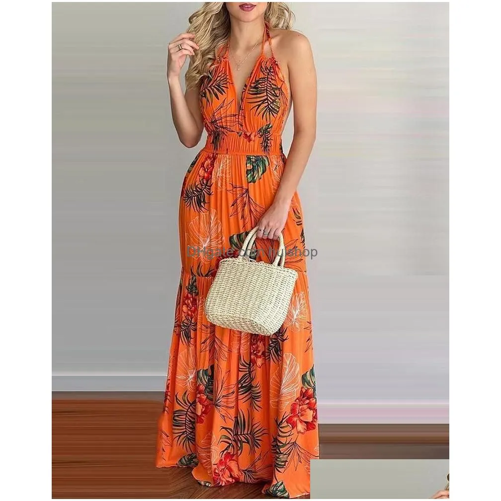 Boho Beach Floral Floral Halter Maxi Dress For Women Tropical Print Halter Backless Design Sleeveless For Summer And Spring Vacation From Huishop 14.98 In Bulk DHgate.Com